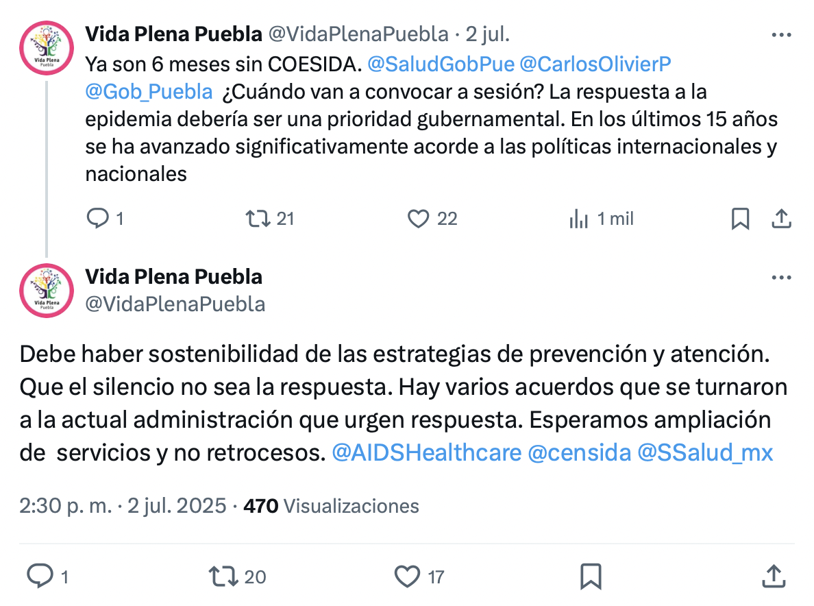 Colectivo Vida Plena pide reactivar el COESIDA en Puebla tras seis meses de inactividad